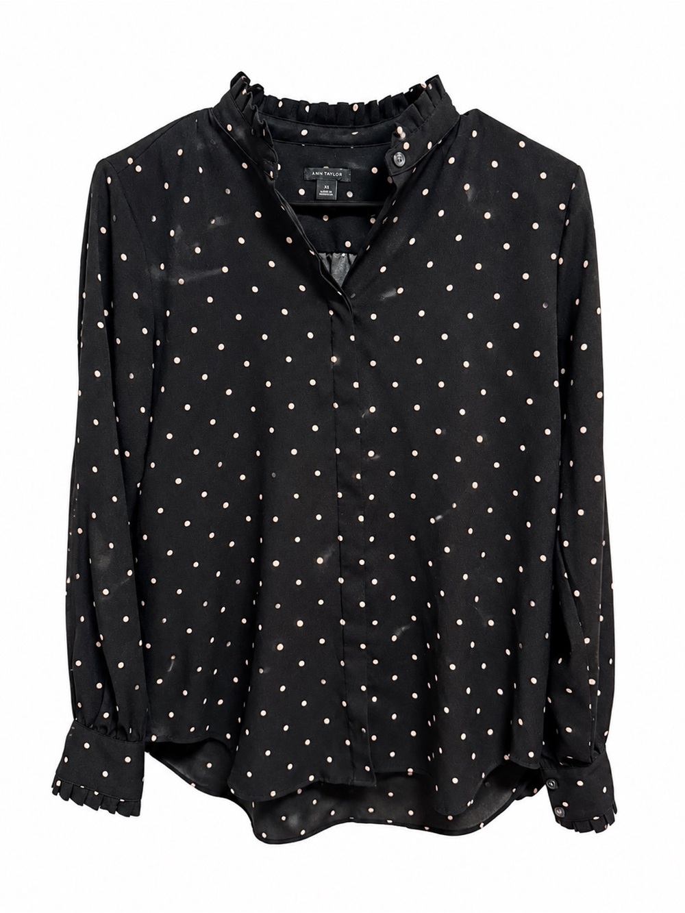 Ann Taylor XS Black Polka Dot Ruffle Neck Blouse